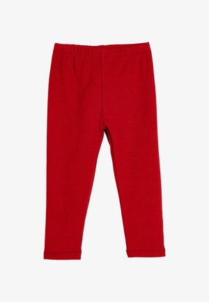 Rote Baumwollleggings mit gerippter Textur, ausgestattet mit einem elastischen Bund und einem schlanken Design, das an den Knöcheln endet.