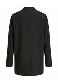 Black blazer featuring a classic collar, long sleeves, and a straight cut. Back view shows a single vent in the center. Smooth fabric texture.