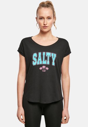 Black short-sleeve T-shirt featuring vibrant "SALTY" text in turquoise and pink, with palm tree graphic, soft fabric, and relaxed fit.