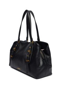 Borsa a tracolla in pelle nera con due manici corti, dettagli in metallo dorato e compartimento con cerniera. Superficie testurizzata e design spazioso.