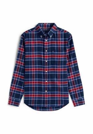 Blauw geruit overhemd met een button-down kraag, lange mouwen, een borstzak en contrasterende rode en witte strepen in een ruitenpatroon.