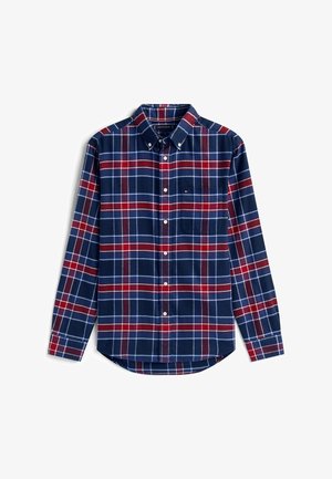 Camicia a quadri blue con colletto button-down, maniche lunghe, taschino frontale e strisce rosse e bianche in un motivo a scacchi.