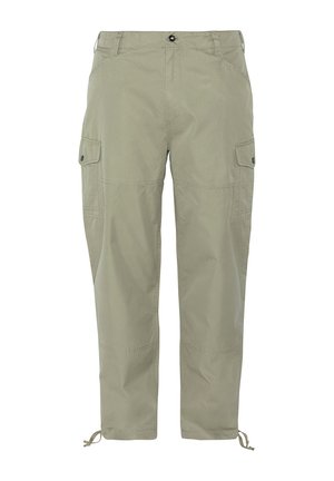 Pantalons cargo en vert olive clair. Fabriqués en tissu résistant, comportant de multiples poches, une fermeture à bouton et des ourlets avec cordon de serrage ajustable.