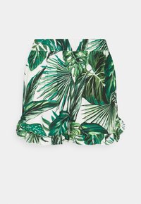 Vihreä lehtikuvioinen hame valkoisella pohjalla, jossa on röyhelöreunus ja joustava vyötärönauha mukavaa istuvuutta varten.