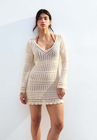 New Look POINTELLE LONG SLEEVE KAFTAN MINI - Stickad klänning - cream