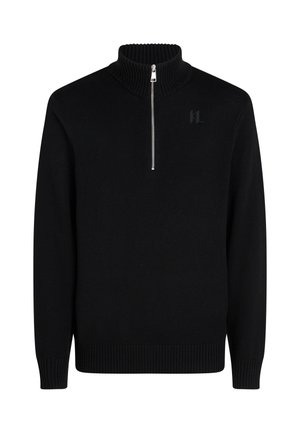 Suéter de punto negro con un cuello alto, cierre de media cremallera en la parte delantera y puños acanalados. Presenta un sutil logo negro en el pecho. Textura suave.