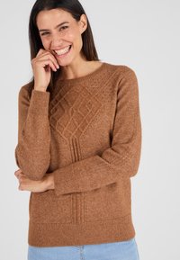 Maglione marrone lavorato a maglia con un motivo a diamond testurizzato, collo rotondo e polsini e orlo a coste. Realizzato in filato morbido e caldo.