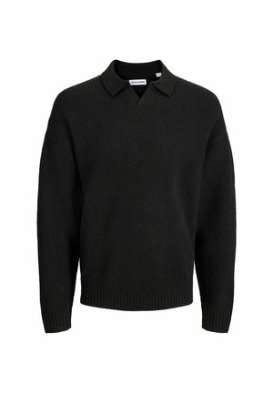 Pull en maille noir à manches longues avec col et poignets et ourlet côtelés, présenté sur un fond blanc.