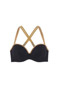 Black bra with gold accents and detailed straps. Features molded cups, a smooth texture, and crossed straps for support.
