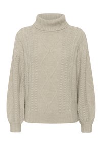 Beige Kabelstrick-Turtleneck-Pullover mit langen Ballonärmeln sowie gerippten Bündchen und Saum.
