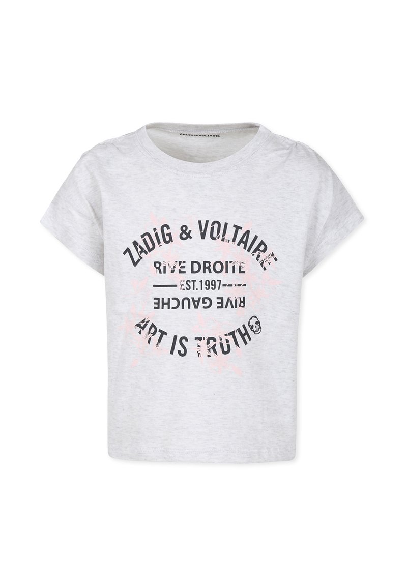 T-shirt en coton gris à manches courtes, avec un col rond et un texte imprimé en noir et rose. Le design comprend diverses phrases et des accents graphiques.