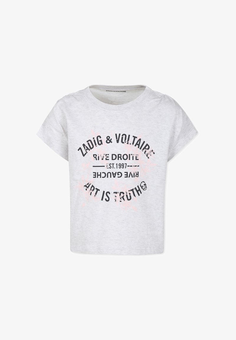 T-shirt en coton gris à manches courtes, avec un col rond et un texte imprimé en noir et rose. Le design comprend diverses phrases et des accents graphiques.