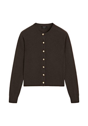 Dark brown cardigan made of soft fabric, featuring a rounded neckline and nine gold-tone buttons down the front, with long sleeves.