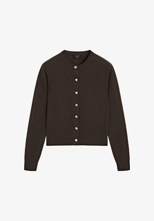 Ciemnobrązowy kardigan wykonany z miękkiej tkaniny, z zaokrąglonym dekoltem i dziewięcioma złotymi guzikami z przodu, z długimi rękawami.