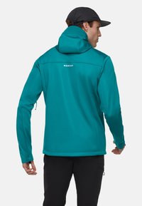 Mann trägt eine türkisfarbene Kapuzenjacke mit dem "Mammut"-Logo auf dem Rücken, schwarze Hose und schwarze Kappe, leicht abgewandt vor schlichte Hintergrund.