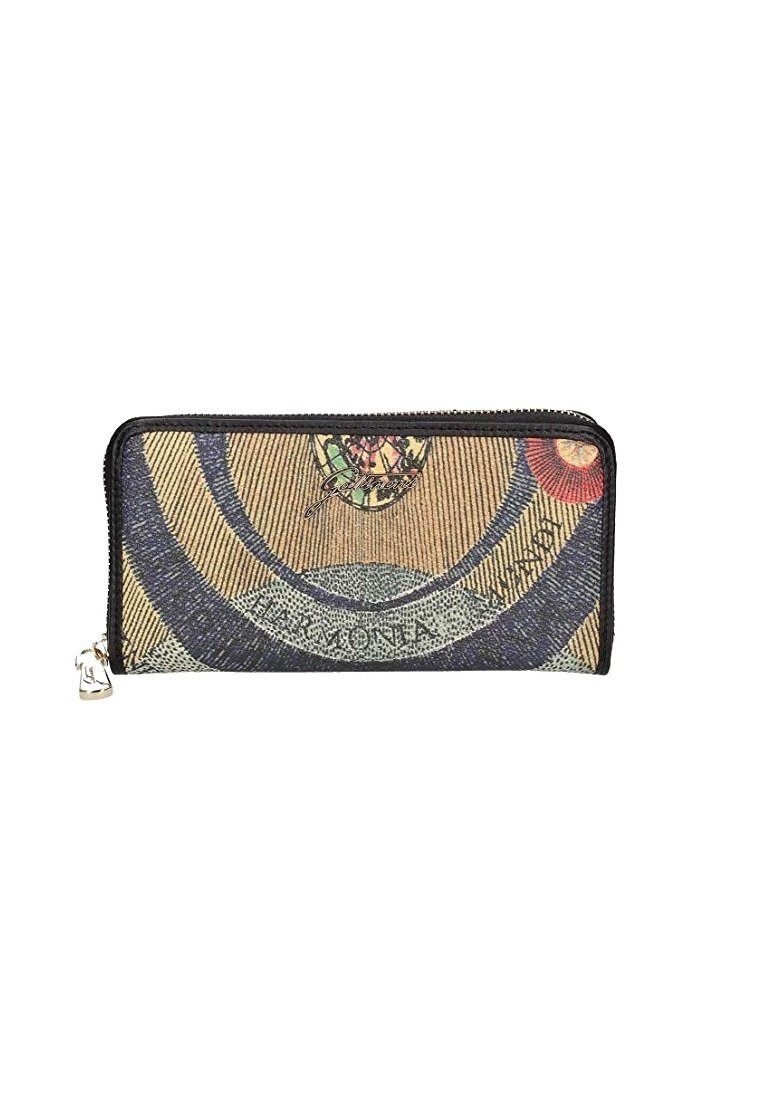 Portafoglio con zip in tessuto texturizzato, caratterizzato da un design circolare con colori beige, blu e rosso. Logo notevole con motivo floreale sul davanti.