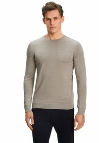 Beige Pullover mit langen Ärmeln und rundem Halsausschnitt, aus einem weichen, leichten Material gefertigt. Verfügt über gerippte Bündchen und Saum mit einer glatten Textur.