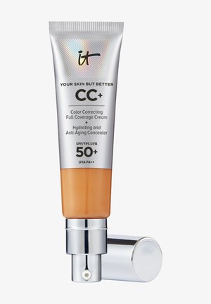Tube of IT Cosmetics CC+ Color Correcting Cream with SPF 50+, hydrating and anti-aging concealer, silver pump cap, beige product visible.