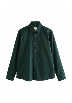 Dark green, long-sleeve shirt made of textured fabric, featuring a subtle leaf pattern and a button-down front with gray buttons.
