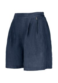 Pantaloni corti in lino blu navy con vita alta, caratterizzati da pieghe e una texture liscia. Nessuna tasca visibile o dettagli in metallo.