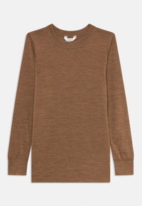 Braunes langärmliges Rundhals-Shirt mit gerippten Bündchen, flach auf weißem Hintergrund ausgelegt.