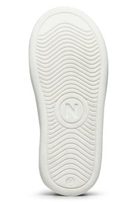 Suola di scarpa in gomma bianca con un motivo di texture ondulato. Un logo circolare con una 'N' è impresso al centro. Finitura liscia nel complesso.