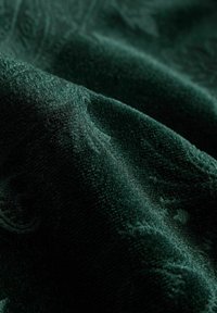 Green textured fabric with a velvety surface, featuring subtle patterns and soft, plush texture, draped in folds.