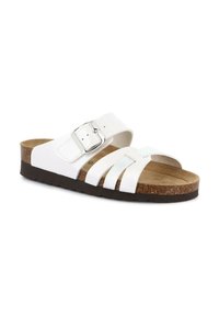 Sandali bianchi con fascia elastica a tre strisce orizzontali, una fibbia argento, soletta in sughero e suola in gomma testurizzata.