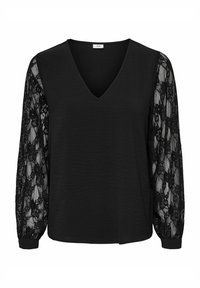 Czarna bluzka z dekoltem w kształcie litery V, z długimi koronkowymi rękawami i teksturowanym fasonem. Miękka tkanina i elastyczne mankiety przy krawędziach rękawów.