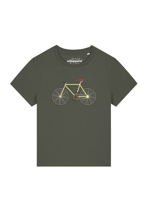 T-shirt vert foncé à manches courtes avec un simple motif de vélo jaune avec une selle marron et des poignées noires au centre avant.