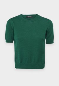 Grøn kortærmet sweater med rund halsudskæring, ribbet tekstur og tætsiddende kant. Stof virker blødt og let strækbart.
