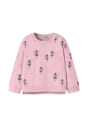 Pink long-sleeve children's sweatshirt with scattered fairy and star patterns in purple, pink, and blue tones.