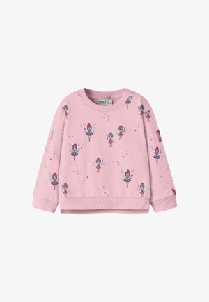 Pink langærmet børnesweatshirt med spredte fe- og stjernemønstre i lilla, pink og blå toner.