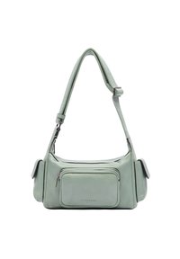 Sac à épaule en cuir vert menthe au design plat, avec une bandoulière réglable et une poche zippée à l'avant. Texture lisse et accents de quincaillerie minimalistes.
