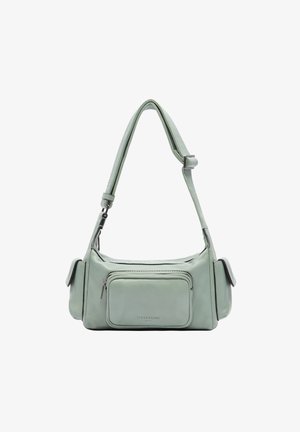 Mintgrüne Leder-Umhängetasche mit flachem Design, verstellbarem Schultergurt und einer vorderen Reißverschlusstasche. Glatte Textur und minimalistische Hardware-Akzente.