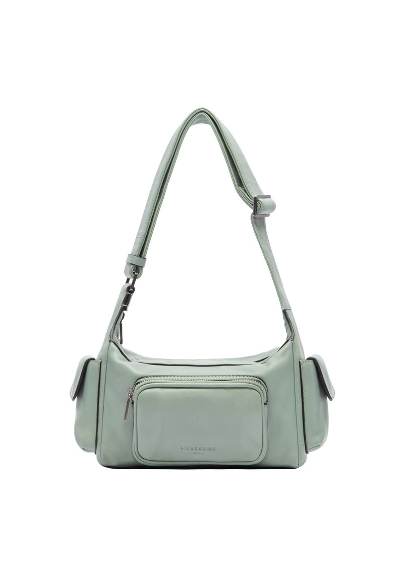 Sac à épaule en cuir vert menthe au design plat, avec une bandoulière réglable et une poche zippée à l'avant. Texture lisse et accents de quincaillerie minimalistes.