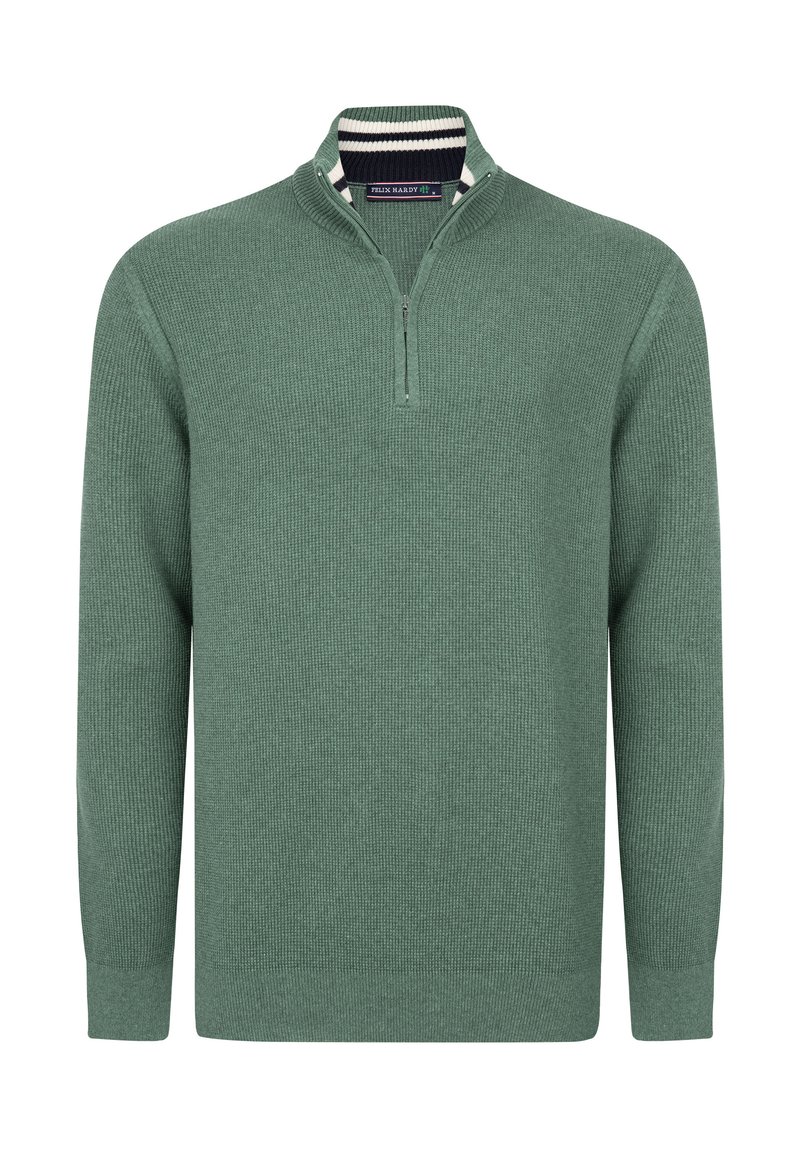 Grüner Zip-Neck-Pullover aus strukturiertem Strickmaterial mit einem kontrastierenden gestreiften Kragen. Lange Ärmel und eine lockere Passform.