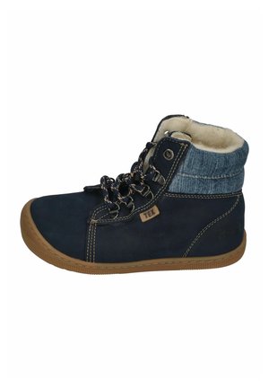 Navy blue ankle boot with a suede upper, fur lining, and denim fabric accents. Rubber sole and lace-up closure with metal eyelets.