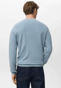 Jasnoniebieski sweter o teksturowanym wykończeniu, z okrągłym dekoltem i długimi rękawami, w połączeniu z ciemnymi dżinsami, widziany od tyłu.