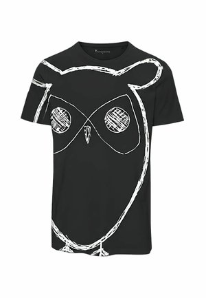 T-shirt noir à manches courtes avec un grand croquis blanc en contour d'une chouette couvrant la majeure partie de l'avant.