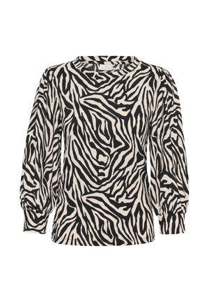 Czarna i biała bluzka w paski zebry, z długimi rękawami i okrągłym dekoltem, wykonana z miękkiego teksturowanego materiału. Casualowy krój z bufkami.