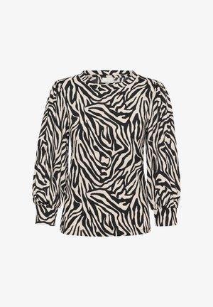 Topy s čierno-bielym zebrovým vzorom, s dlhými rukávmi a okrúhlym výstrihom, vyrobené z mäkkej textúrovanej látky. Uvoľnený dizajn s nadýchanými rukávmi.