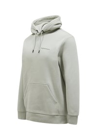 Jasnozielona bluza z kapturem wykonana z miękkiego materiału, z przednią kieszenią, regulowanym kapturem i ściągaczami na rękawach. Logo marki na klatce piersiowej.