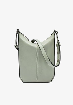 Light green leather shoulder bag with adjustable strap, front stitching, and embossed brand name "Liebeskind Berlin."
