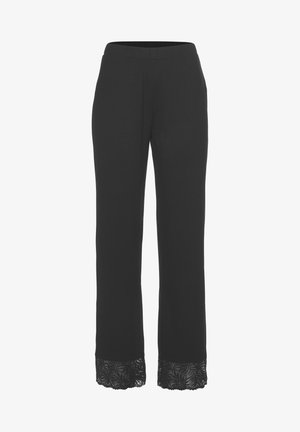 Black pants with an elastic waistband, featuring wide legs. The cuffs are adorned with intricate black lace detailing.