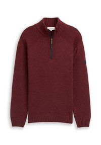 Bordeauxroter Strickpullover mit hohem Kragen und halbem Reißverschluss. Verfügt über gerippte Bündchen und Saum sowie strukturierte Schulterakzente. Glatter Stoffabschluss.