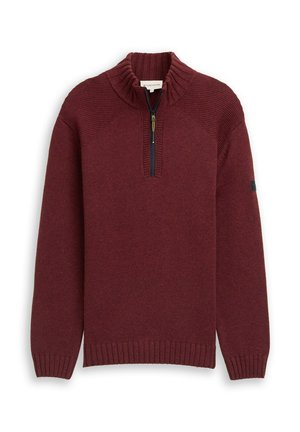 Maroon knit sweater with a high collar and half zip. Features ribbed cuffs and hem, and textured shoulder accents. Smooth fabric finish.