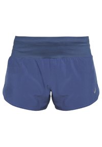 Blauwe sportshorts met een brede elastische tailleband en een klein reflecterend logo op het linkerbeen.