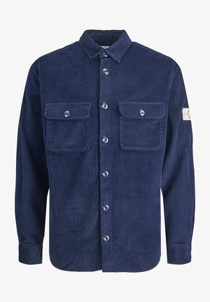 Marineblauwe corduroy blouse met lange mouwen, twee borstzakken, knoopsluiting aan de voorkant en textiele stof. Beschikt over knopen en een label op de mouw.