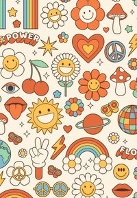 Design graphique coloré mettant en avant divers symboles : fleurs, visages souriants, cerises, champignons, signes de paix, cœurs, planètes et arcs-en-ciel sur un fond crème.